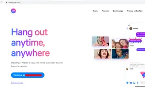 Strona messenger.com ułatwia logowanie się do Messengera. Kliknij "Continue as", aby rozpocząć rozmowę.