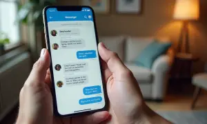 Dłoń trzyma smartfon z otwartym Messengerem. Widoczna jest rozmowa, a pod nią instrukcja, jak wyłączyć znikające wiadomości na Messengerze.