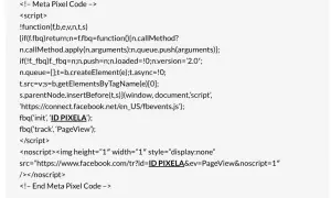 Fragment kodu Meta Pixel, który pokazuje, jak usunąć piksel Facebooka. Zawiera skrypt i tag noscript.