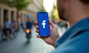 Mężczyzna trzyma smartfon z logo Facebooka, szukając informacji, jak opuścić grupę na Facebooku.