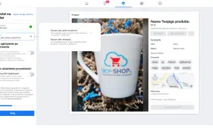 Jak dać ogłoszenie na Facebooku? Widok tworzenia oferty na Marketplace, gdzie dodajesz zdjęcie kubka z logo SKY-SHOP.PL.