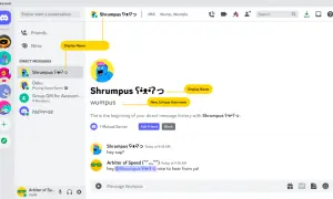 Discord, okno czatu z użytkownikiem Shrumps. Widoczny jego nazwa na Discorda, alias i historia wiadomości.