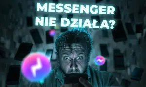 Przerażony mężczyzna patrzy na telefon, gdy nad nim świeci napis "Messenger nie działa?". Dowiedz się, jak uruchomić Messengera w telefonie.
