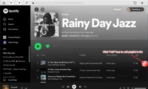 Jak pobrać playlistę Spotify na komputer? Zobacz, jak dodać utwory z playlisty "Rainy Day Jazz" do swojej biblioteki.