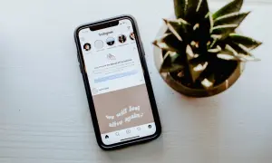 Telefon z Instagramem, na którym widać, jak zmienic tlo relacji na IG. Obok stoi roślina.