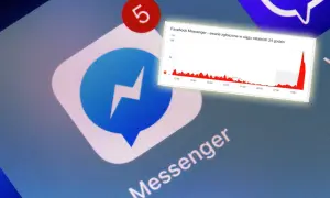 Ikona Messengera z powiadomieniem "5" i wykresem awarii. Dowiedz się, jak wysłać wiadomość prywatną na Facebooku, nawet gdy występują problemy.