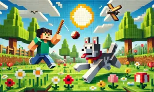 Chłopiec z psem w świecie Minecraft, szukający najlepszych nicków do Minecraft. Słońce, drzewa i kwiaty tworzą radosną scenerię.