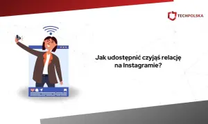 Ilustracja pokazuje, jak udostępnić czyjąś relację na Instagramie. Kobieta robi selfie, a obok widnieje pytanie.