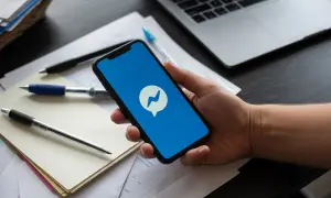 Dłoń trzyma smartfon z ikoną Messengera. Szukasz informacji, jak dezaktywować Messenger?