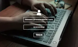 Ręce piszą na klawiaturze. Na ekranie laptopa widać "Darmowy generator nicków i nazw", gwiazdki i napis "TECH". Idealne miejsce, by znaleźć fajne nazwy na snapa!