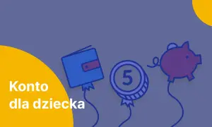 Konto dla dziecka: jak założyć, by oszczędzać na przyszłość. Grafika z portfelem, monetą i świnką-skarbonką.