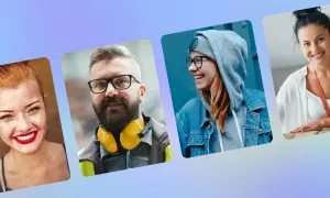 Cztery uśmiechnięte osoby w różnych stylizacjach. Zastanawiasz się, jak dopasować zdjęcie profilowe na Facebooku? Oto inspiracje!