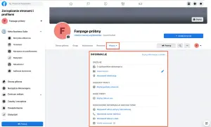 Zarządzanie stronami na FB. Widok panelu administracyjnego strony "Fanpage próbny" z opcjami edycji informacji, godzin otwarcia i danych firmy.