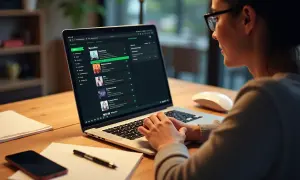 Kobieta szuka sposobu, jak pobrać piosenkę ze Spotify na komputer, przeglądając playlisty na ekranie laptopa.