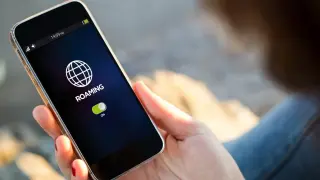 Telefon pokazuje ikonę globu i napis "ROAMING" z włączonym przełącznikiem. To oznacza, że funkcja roamingu jest aktywna.