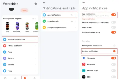 Jak włączyć powiadomienia z Messengera na opasce? Wejdź w "Powiadomienia i połączenia", potem "Powiadomienia aplikacji" i włącz "Wiadomości".