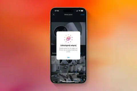 Ekran telefonu z powiadomieniem "Udostępnij więcej" na Instagramie, informującym o limicie 20 zdjęć.