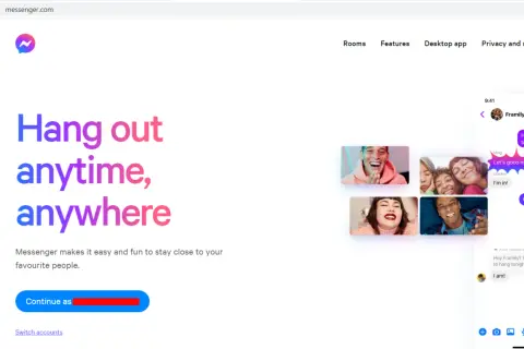 Strona messenger.com ułatwia logowanie się do Messengera. Kliknij "Continue as", aby rozpocząć rozmowę.