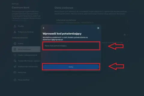 Ekran potwierdzenia zmiany email na FB. Wpisz kod z maila, by dokończyć proces.