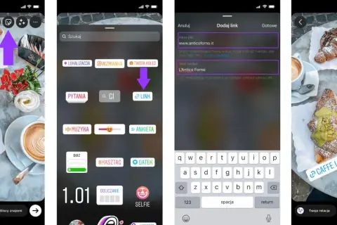Ekran telefonu z widokiem na dodawanie naklejki z linkiem do Instagram Story.