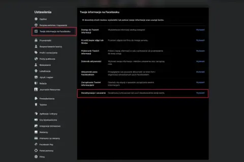 Jak zablokować konto FB? W ustawieniach Facebooka, w sekcji "Twoje informacje na Facebooku", znajdź opcję "Dezaktywacja i usuwanie".