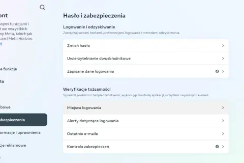 Centrum kont Meta: Hasło i zabezpieczenia. Sekcja "Logowanie i odzyskiwanie" zawiera opcje jak wylogować Messenger z innych urządzeń.
