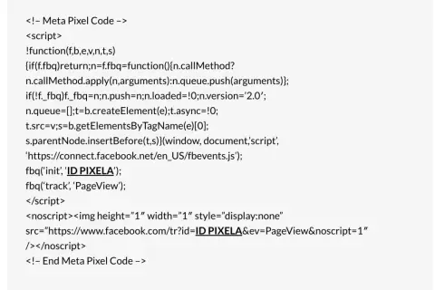 Fragment kodu Meta Pixel, który pokazuje, jak usunąć piksel Facebooka. Zawiera skrypt i tag noscript.