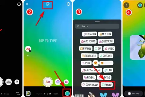 Jak zmienić tło w relacji na Insta? Kliknij "Aa", potem ikonę naklejek, wybierz "Photo" i dodaj zdjęcie.