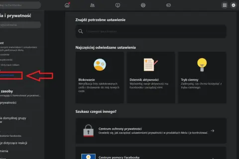 Zrzut ekranu z ustawieniami Facebooka, pokazujący opcję "Zobacz więcej w Centrum kont", która jest kluczowa, by dowiedzieć się, jak wylogować się z fb na innych urządzeniach.