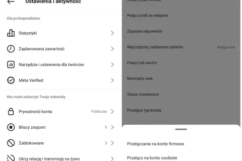 Przełączanie na konto osobiste na Instagramie. Zobacz opcje ustawień konta.