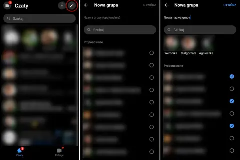 Jak dodać osobę do grupy na Messengerze? Ekran tworzenia nowej grupy, gdzie można wpisać nazwę i wybrać uczestników z listy kontaktów.