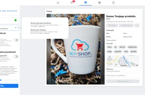 Jak dać ogłoszenie na Facebooku? Widok tworzenia oferty na Marketplace, gdzie dodajesz zdjęcie kubka z logo SKY-SHOP.PL.