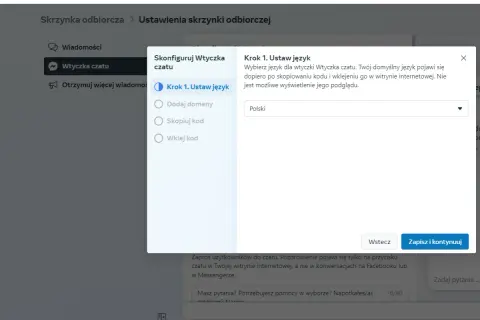 Ustawienia wtyczki czatu. Wybierz język polski, aby skonfigurować, jak dolaczyc do grupy na Messengerze.
