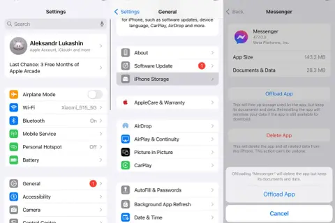 Jak usunąć pamięć z Messengera? Ekran iPhone'a pokazuje opcję "Offload App" (Odciąż aplikację), która usuwa aplikację, ale zachowuje dane.