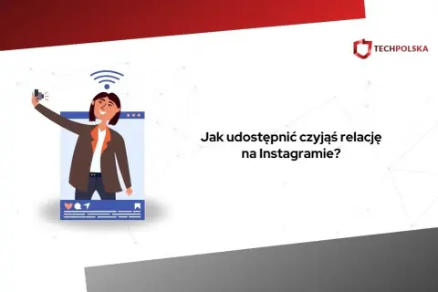 Ilustracja pokazuje, jak udostępnić czyjąś relację na Instagramie. Kobieta robi selfie w ramce przypominającej okno aplikacji.