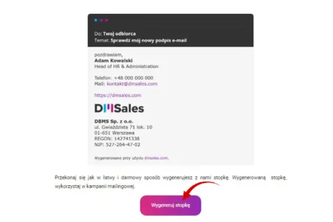 Podpis e-mail Adama Kowalskiego z firmy DBMS Sp. z o.o. z Warszawy. Fajne nazwy email i dane kontaktowe.