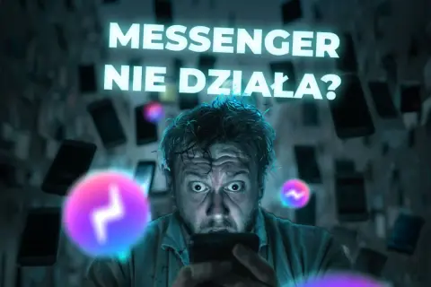 Przerażony mężczyzna patrzy na telefon, gdy nad nim świeci napis "Messenger nie działa?". Dowiedz się, jak uruchomić Messengera w telefonie.