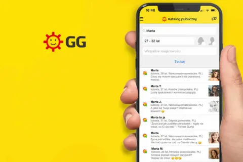 Jak zainstalować gg? Aplikacja GG na telefonie pokazuje listę użytkowników o imieniu Marta, z ich wiekiem i lokalizacją.