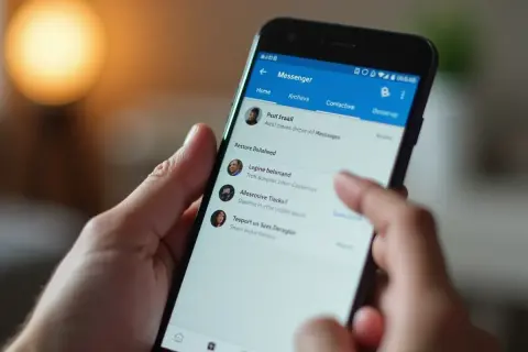 Palec dotyka ekranu telefonu z aplikacją Messenger, pokazując listę rozmów. Dowiedz się, jak przywrócić usunięte wiadomości na Messengerze.