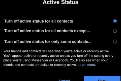 Ustawienia "Aktywny status" na Messengerze. Wybierz, jak ukryć status aktywności na Messengerze: dla wszystkich, dla wszystkich oprócz kogoś, lub dla wybranych.