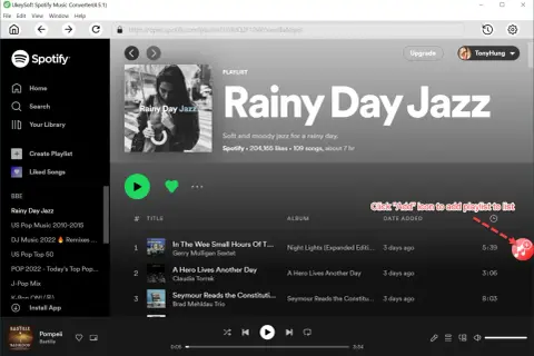 Jak pobrać playlistę Spotify na komputer? Zobacz, jak dodać utwory z playlisty "Rainy Day Jazz" do swojej biblioteki.