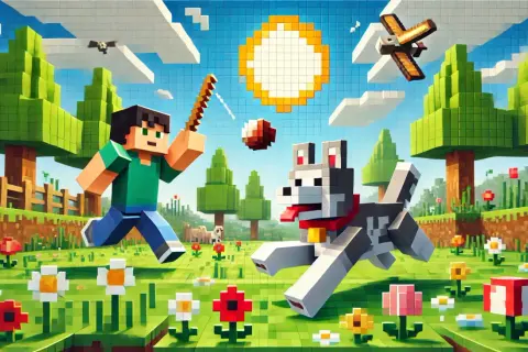 Chłopiec z psem w świecie Minecraft, szukający najlepszych nicków do Minecraft. Słońce, drzewa i kwiaty tworzą radosną scenerię.