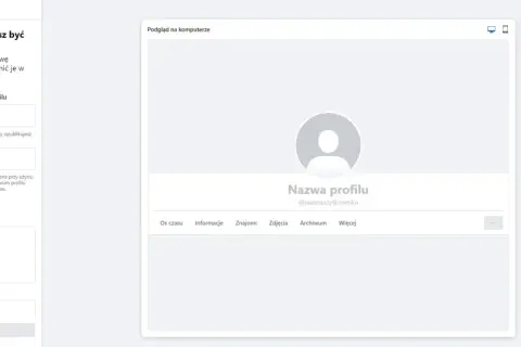 Tworzenie nowego profilu na Facebooku: wpisz nazwę profilu i nazwę użytkownika, dodaj zdjęcie w tle i profilowe. Podgląd na komputerze.