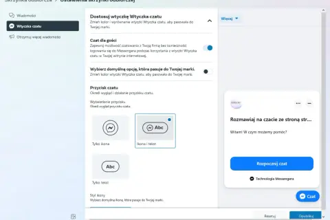 Ustawienia wtyczki czatu na stronie, aby zachować Messengera, gdy chcesz usunąć Facebooka. Dostosuj wygląd przycisku czatu.
