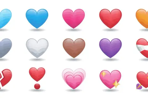 Różnorodne serca emoji: zielone, niebieskie, różowe, czerwone, pomarańczowe, żółte, czarne, szare, białe, brązowe, fioletowe, z flagą, w ogniu, złamane, z kokardą, przeszyte strzałą. Poznaj znaczenie serc emoji!
