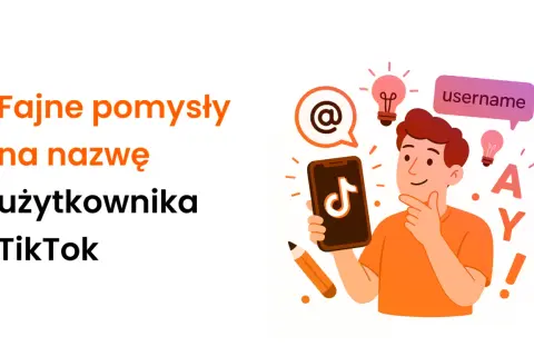 Fajne nazwy użytkownika na TikToka? Młody człowiek z telefonem szuka inspiracji, otoczony żarówkami pomysłów i ikonami.