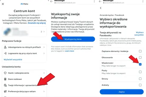 Jak przywrócić wiadomości Messenger na nowym telefonie? Wybierz "Wiadomości" do eksportu danych z konta Meta.