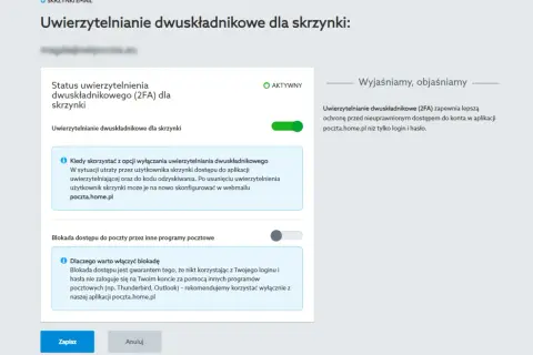 Ustawienia konta pocztowego. Możesz tu wyłączyć uwierzytelnianie dwuskładnikowe, co jest podobne do wyłączenia składania życzeń na FB, jeśli chcesz uprościć dostęp.