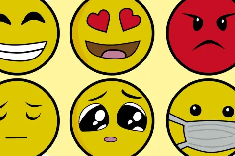 Różne emotikonki pokazują znaczenie emotikonek w telefonie: radość, miłość, złość, smutek, błaganie i chorobę.