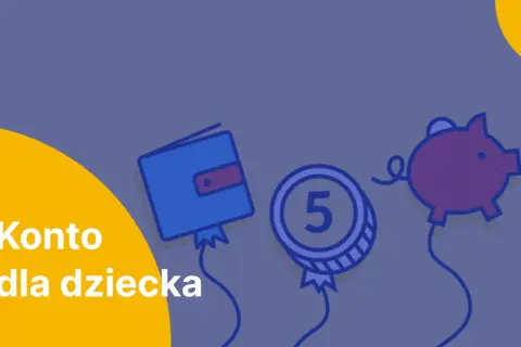Konto dla dziecka: jak założyć, by oszczędzać na przyszłość. Grafika z portfelem, monetą i świnką-skarbonką.